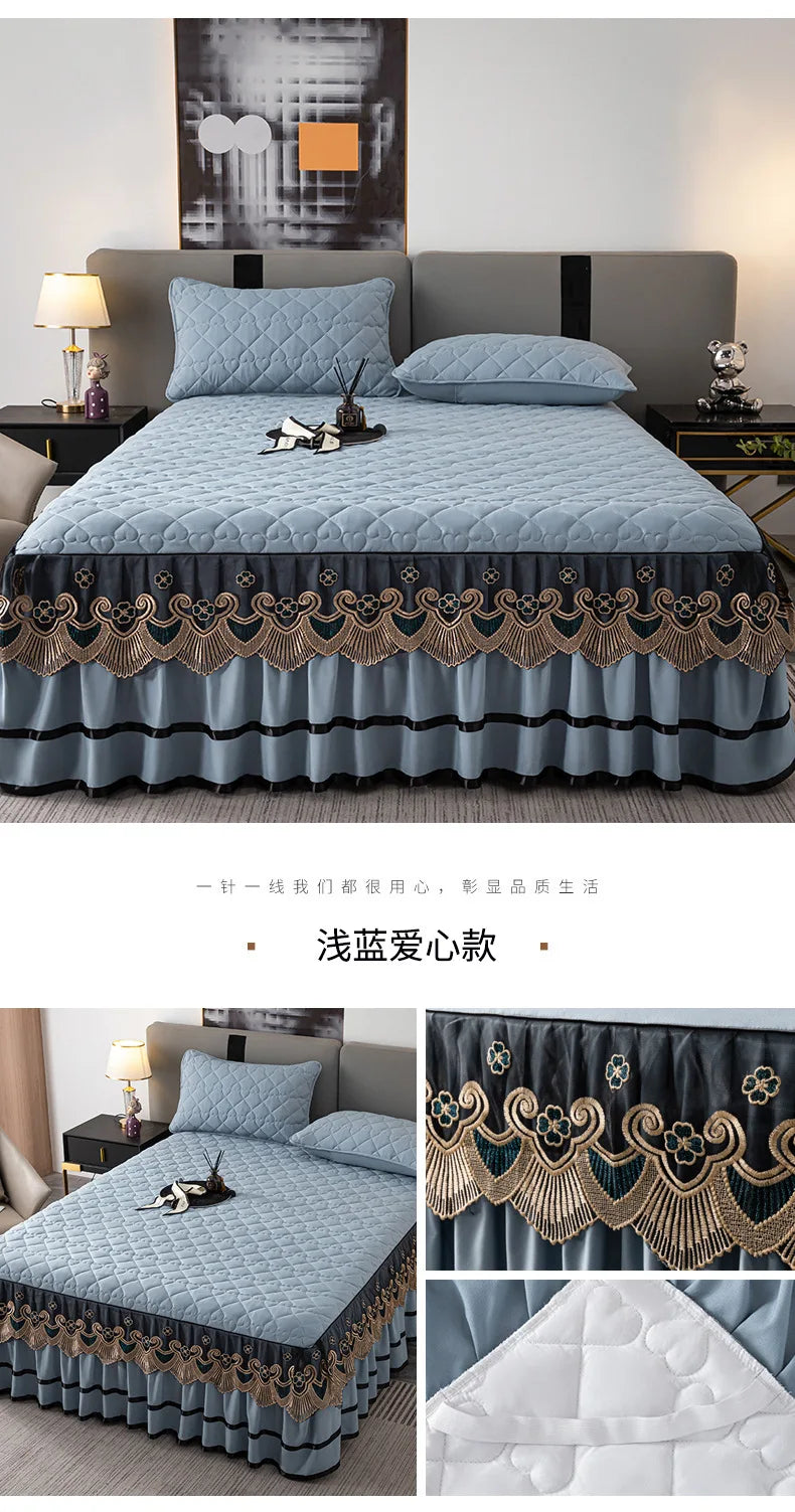 Gold Embroidered Lace Bed Skirt - Quilted Thick Anti-Slip Bedspread