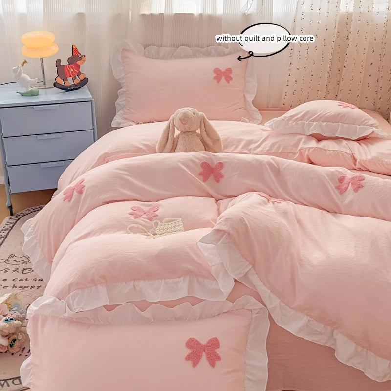 Pink Bowknot Embroidery Bedding Set - Premium Soft Twill Quilt Set
