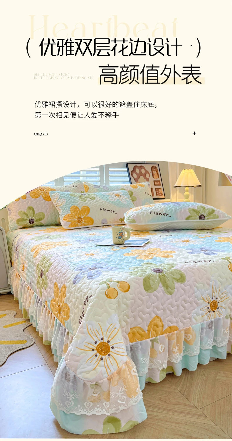 1pc Quilted Bedspread with Lace Ruffles Flower Printed Thickened Blanket Single/Queen/King Quilted Bed Cover Soft Bedspreads Bed