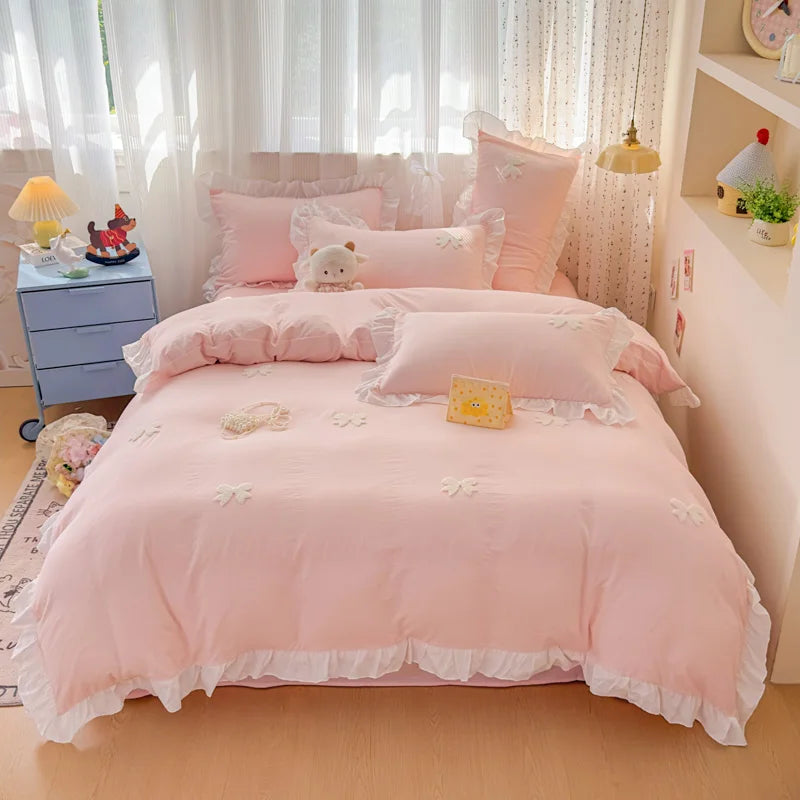 Pink Bowknot Embroidery Bedding Set - Premium Soft Twill Quilt Set