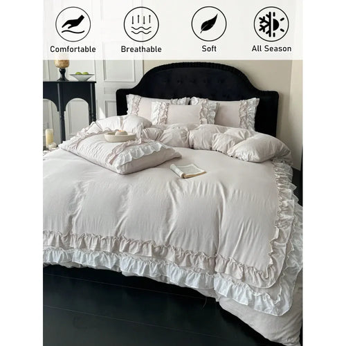 3Pcs Beige Washed Polyester Bedding Set with Ruffled Lace, Queen Size Soft Breathable All Seasons Duvet Cover Set