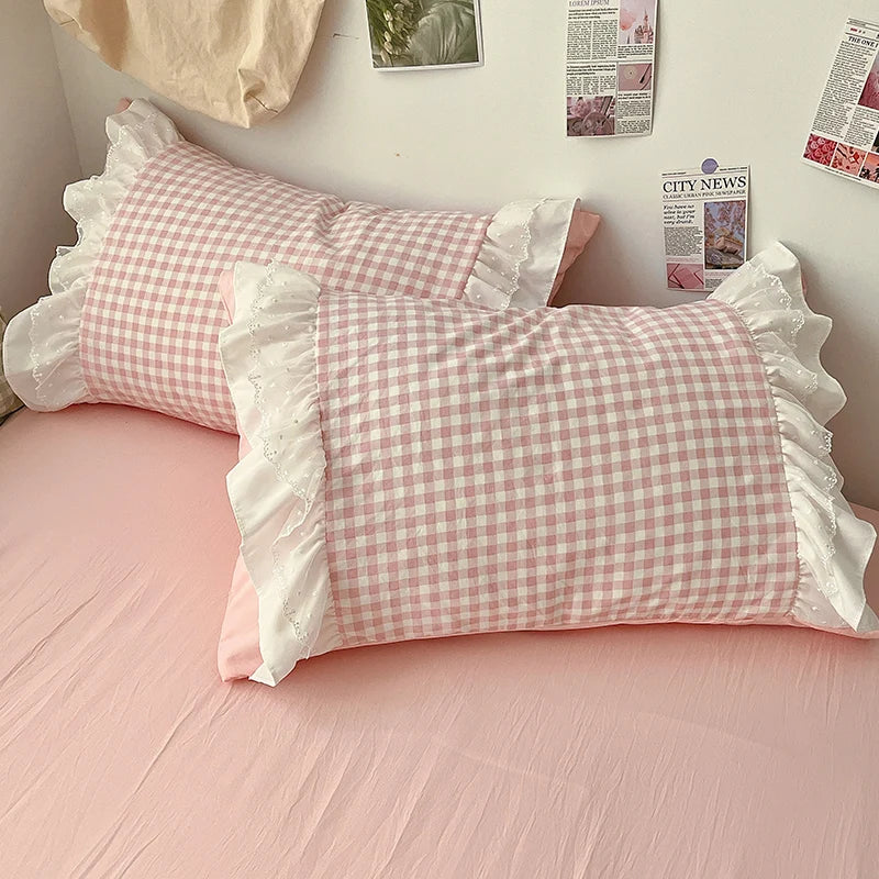 Pink Plaid Ruffle Bedding Set - Comfortable All-Season Duvet Cover