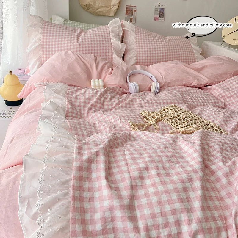 Pink Plaid Ruffle Bedding Set - Comfortable All-Season Duvet Cover