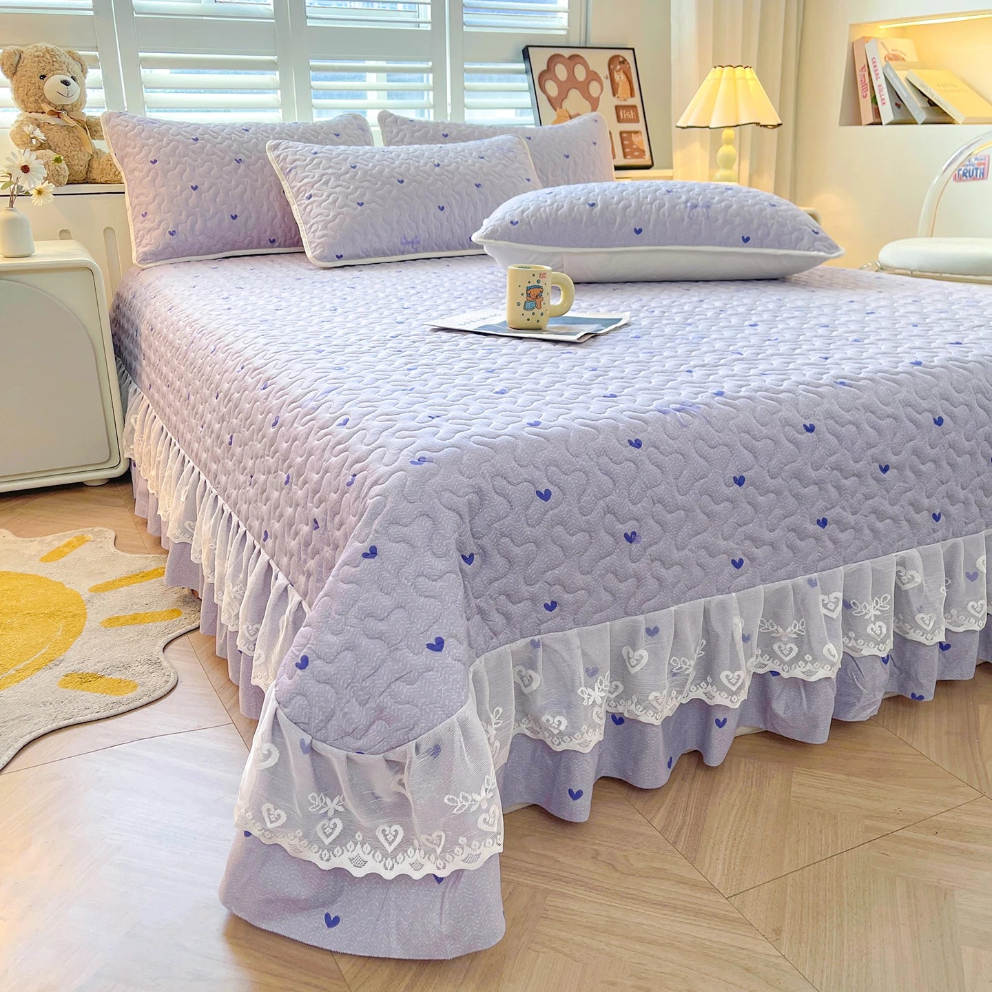 1pc Quilted Bedspread with Lace Ruffles Flower Printed Thickened Blanket Single/Queen/King Quilted Bed Cover Soft Bedspreads Bed