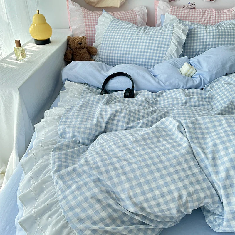 Pink Plaid Ruffle Bedding Set - Comfortable All-Season Duvet Cover