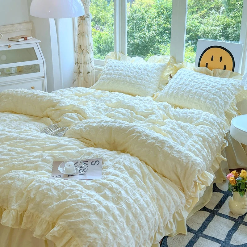 Elegant Lace Ruffle Seersucker Bedding Set - Soft Princess Style Duvet Cover