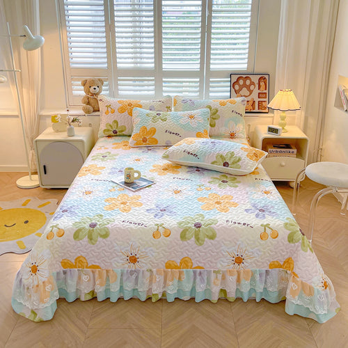 1pc Quilted Bedspread with Lace Ruffles Flower Printed Thickened Blanket Single/Queen/King Quilted Bed Cover Soft Bedspreads Bed