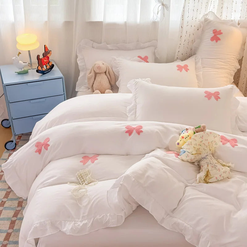 Pink Bowknot Embroidery Bedding Set - Premium Soft Twill Quilt Set