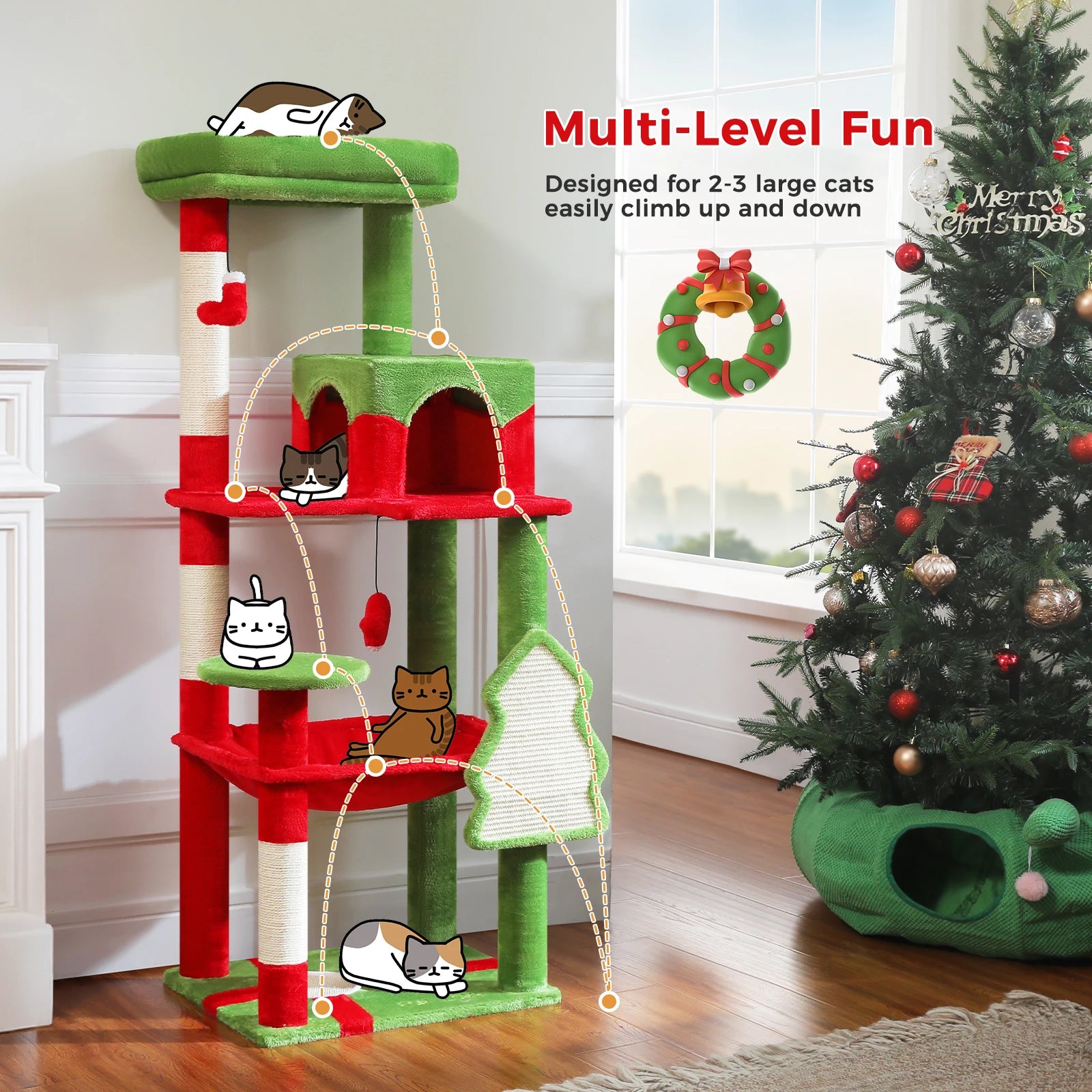 Cat Tree for Indoor Cats 5-Level Cat Tower for Large Cats with Large Hammock Sisal Covered Scratching Posts Cozy Condo Top Perch