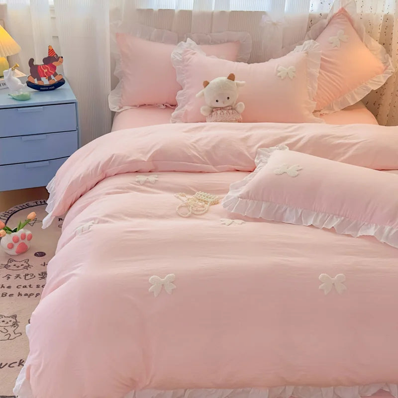 Pink Bowknot Embroidery Bedding Set - Premium Soft Twill Quilt Set