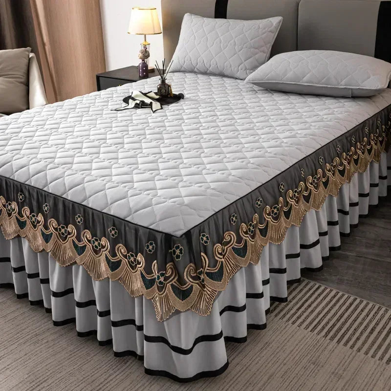 Gold Embroidered Lace Bed Skirt - Quilted Thick Anti-Slip Bedspread