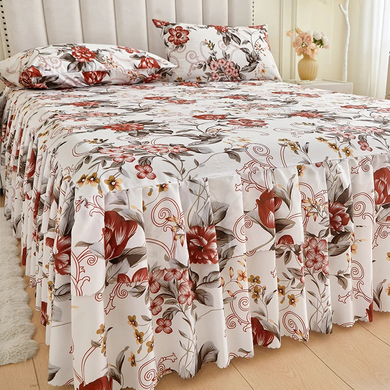 Floral Ruffle Bed Skirt Set - Soft Bedspread with Matching Pillowcases