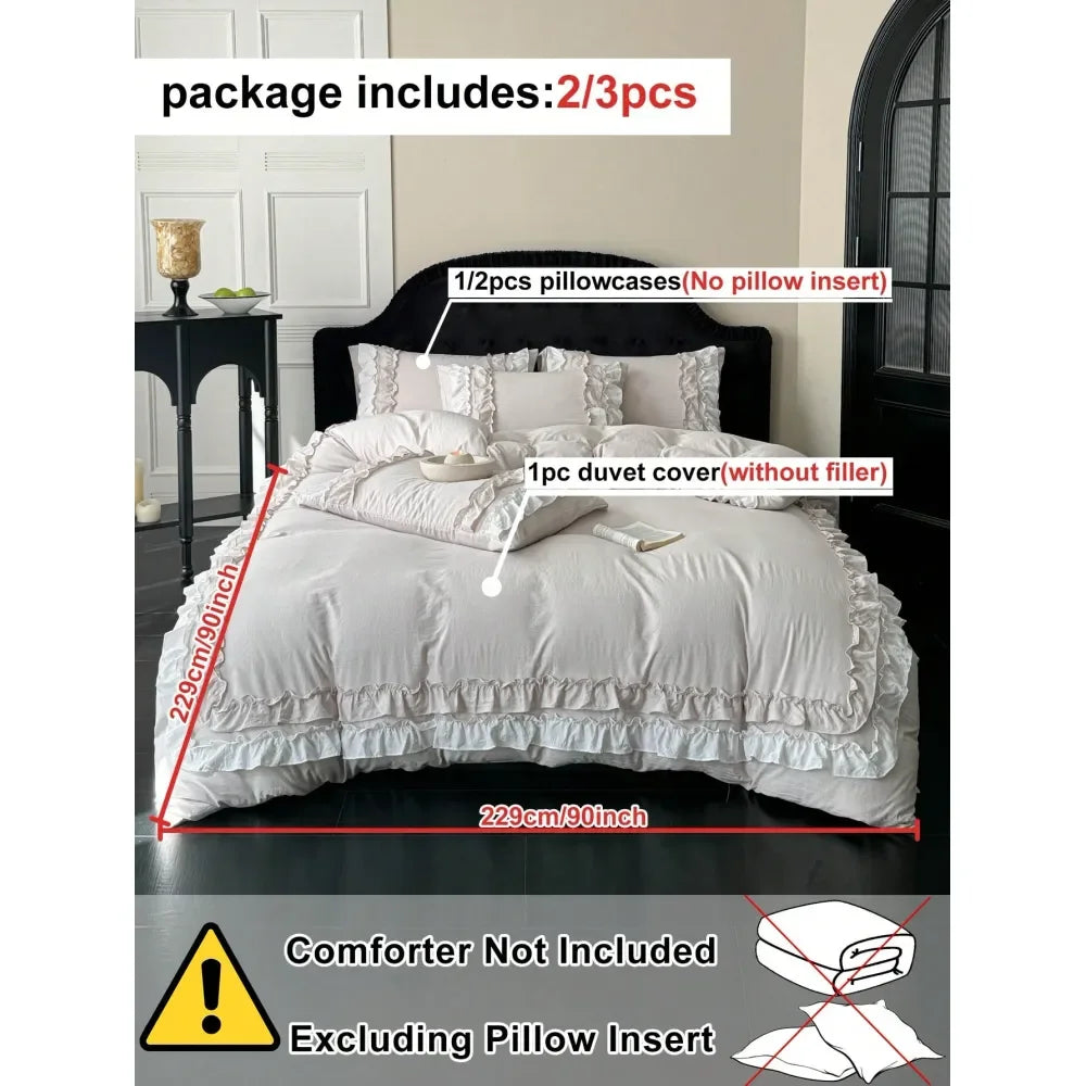 3Pcs Beige Washed Polyester Bedding Set with Ruffled Lace, Queen Size Soft Breathable All Seasons Duvet Cover Set