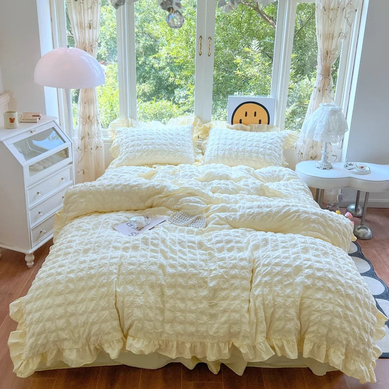 Elegant Lace Ruffle Seersucker Bedding Set - Soft Princess Style Duvet Cover