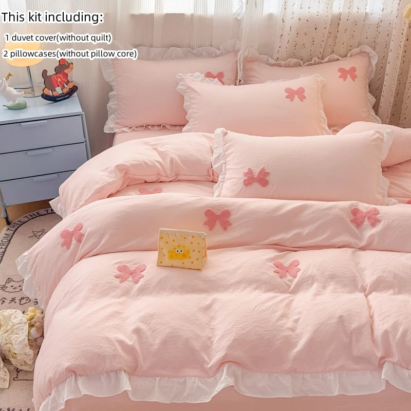 Pink Bowknot Embroidery Bedding Set - Premium Soft Twill Quilt Set