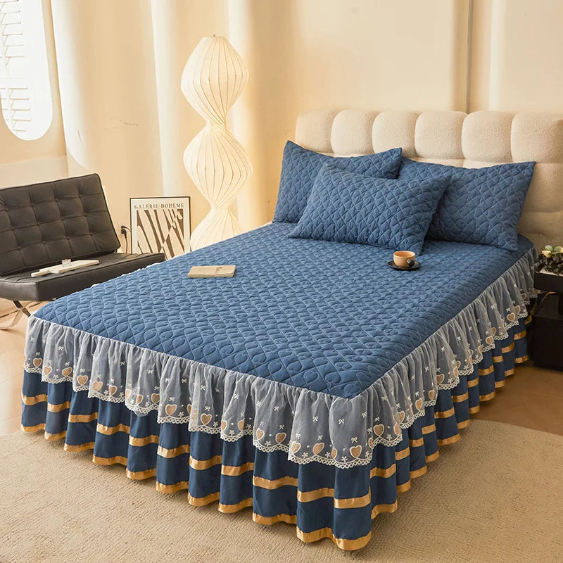Cloud Cotton Embroidered Lace Bed Skirt - Quilted Padded Princess Bedspread