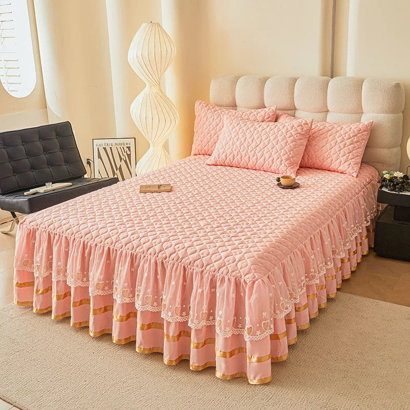 Cloud Cotton Embroidered Lace Bed Skirt - Quilted Padded Princess Bedspread