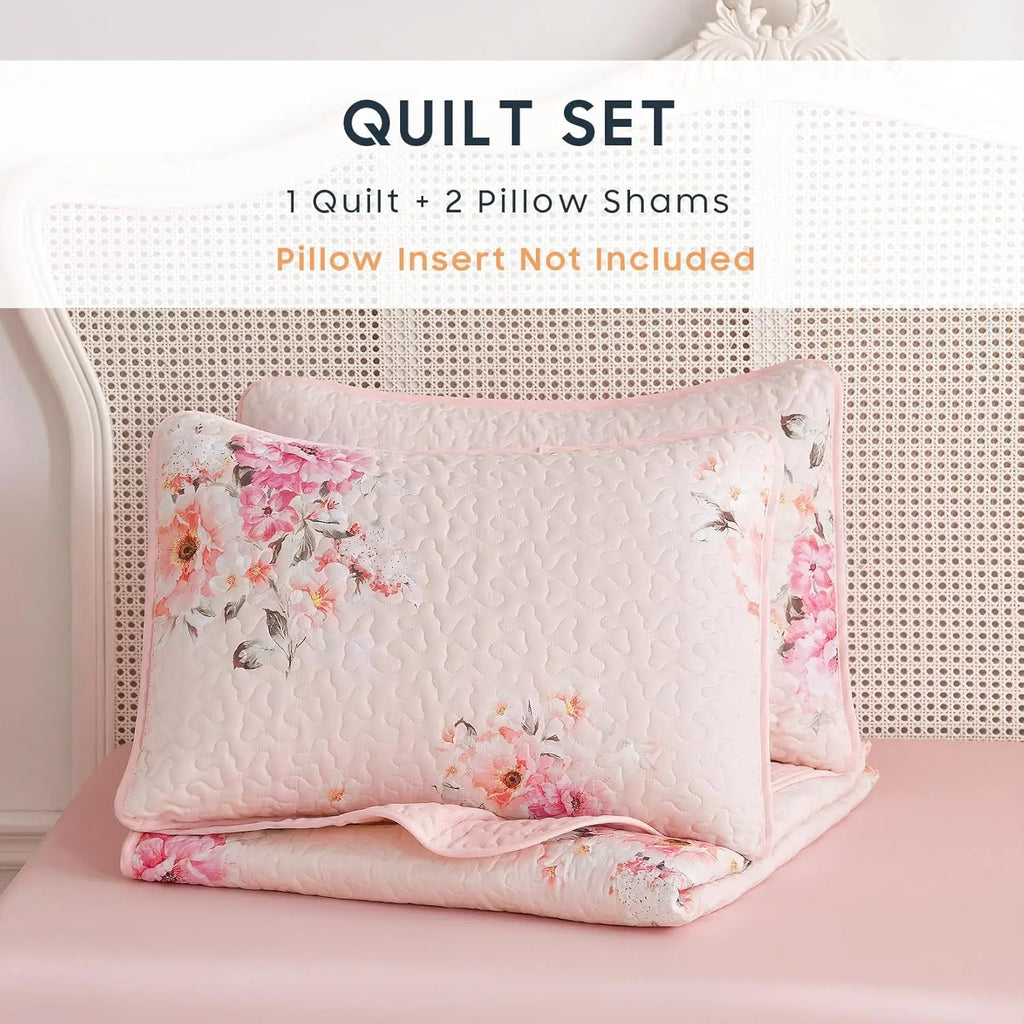 Floral Shabby Chic Quilt Set - Light Pink Reversible Bedspread Coverlet