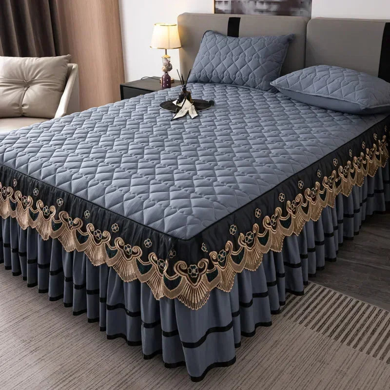 Gold Embroidered Lace Bed Skirt - Quilted Thick Anti-Slip Bedspread