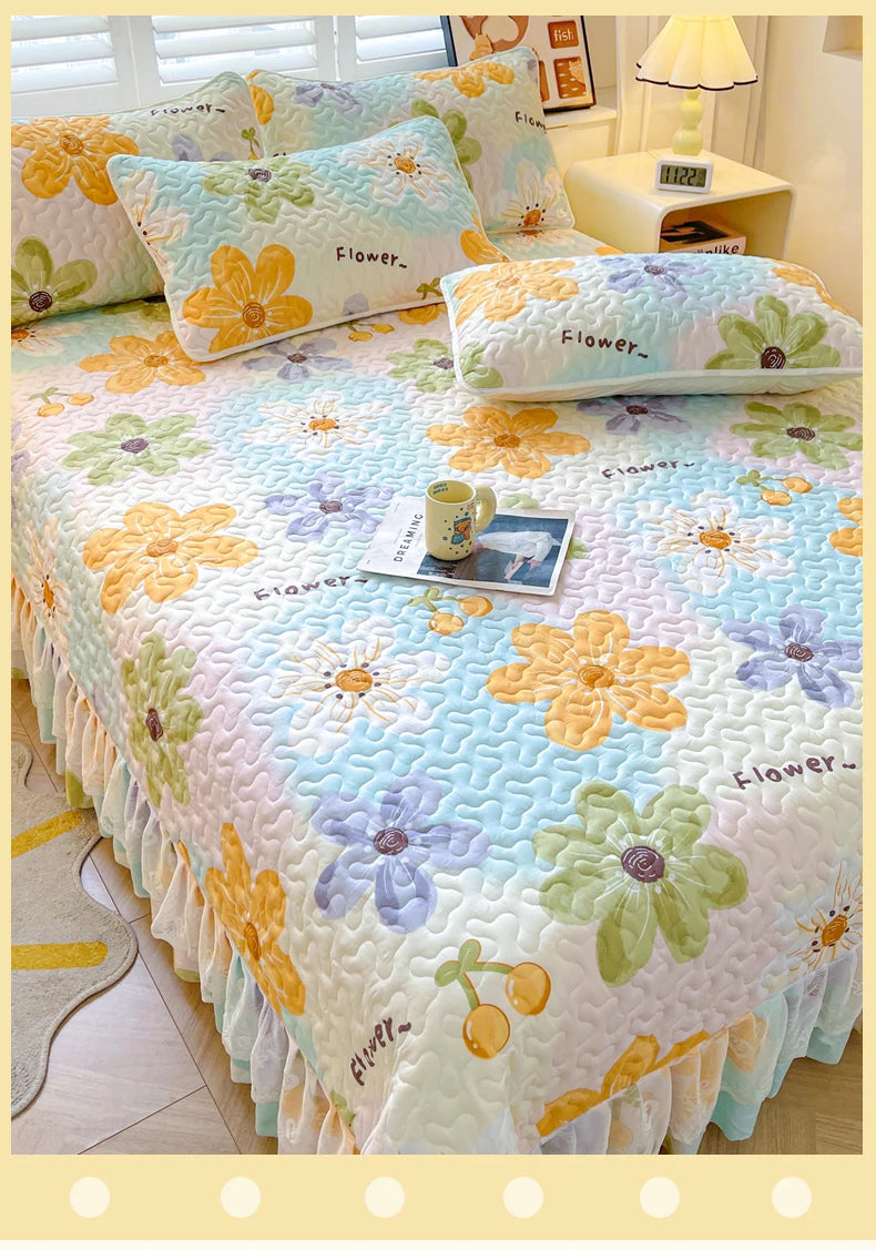 1pc Quilted Bedspread with Lace Ruffles Flower Printed Thickened Blanket Single/Queen/King Quilted Bed Cover Soft Bedspreads Bed