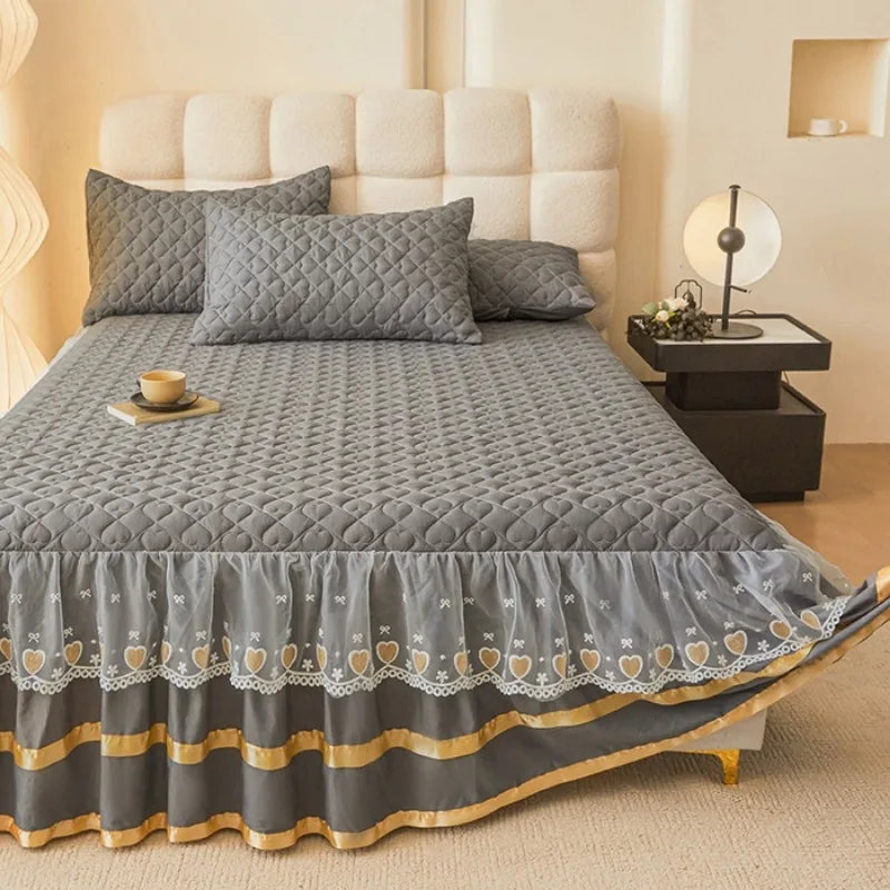 Cloud Cotton Embroidered Lace Bed Skirt - Quilted Padded Princess Bedspread
