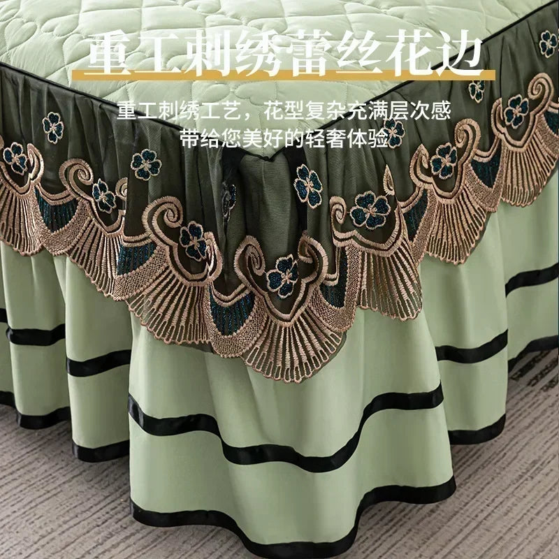 Gold Embroidered Lace Bed Skirt - Quilted Thick Anti-Slip Bedspread
