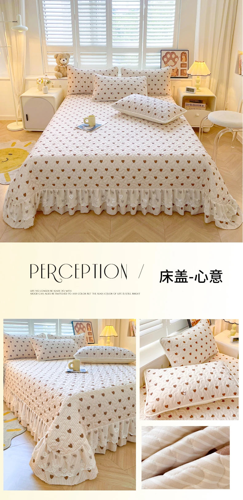 1pc Quilted Bedspread with Lace Ruffles Flower Printed Thickened Blanket Single/Queen/King Quilted Bed Cover Soft Bedspreads Bed