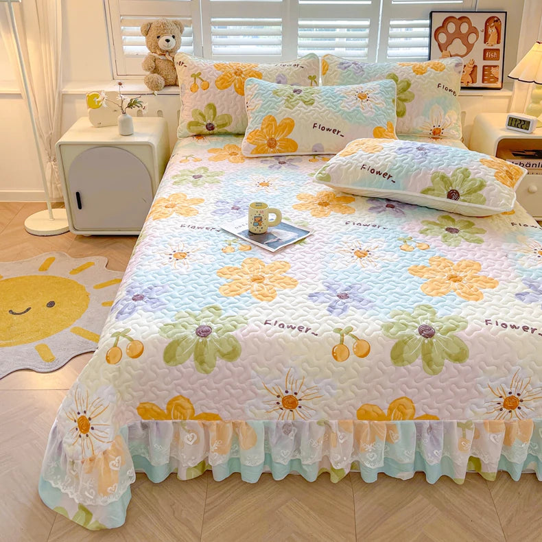 1pc Quilted Bedspread with Lace Ruffles Flower Printed Thickened Blanket Single/Queen/King Quilted Bed Cover Soft Bedspreads Bed