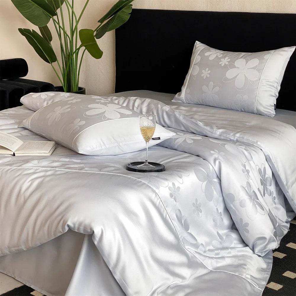 Sondeson Luxury 100% Mulberry Silk Jacquard Bedding Set - Ultra-Soft & Breathable 4-Piece Sheet & Duvet Cover Set
