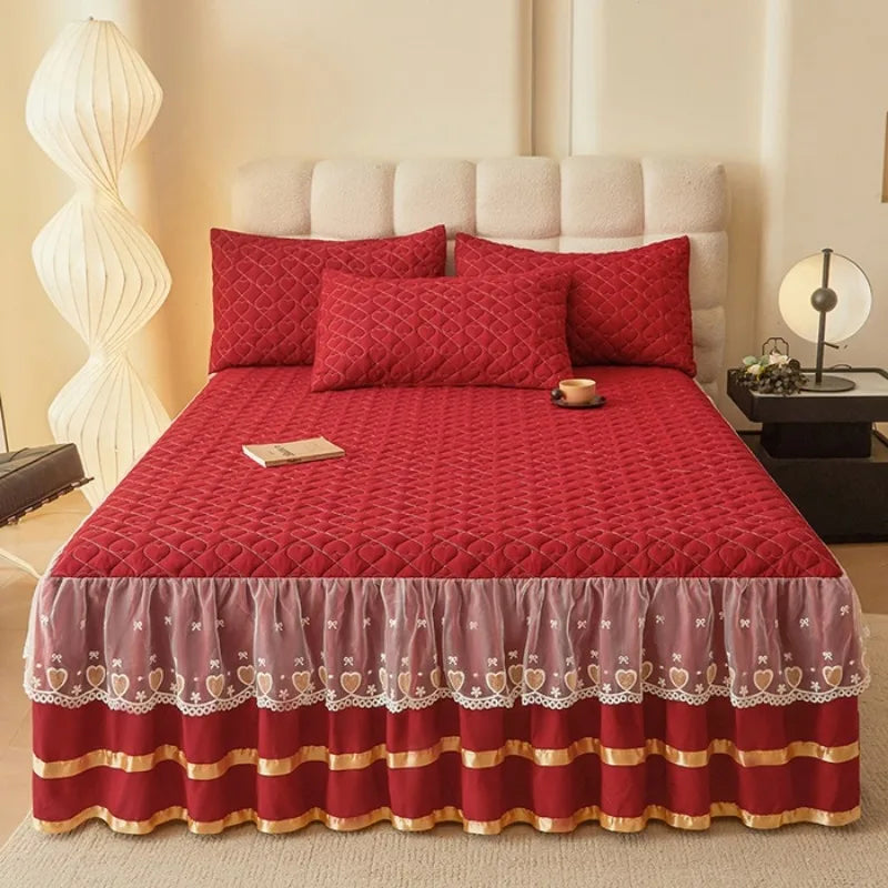 Cloud Cotton Embroidered Lace Bed Skirt - Quilted Padded Princess Bedspread