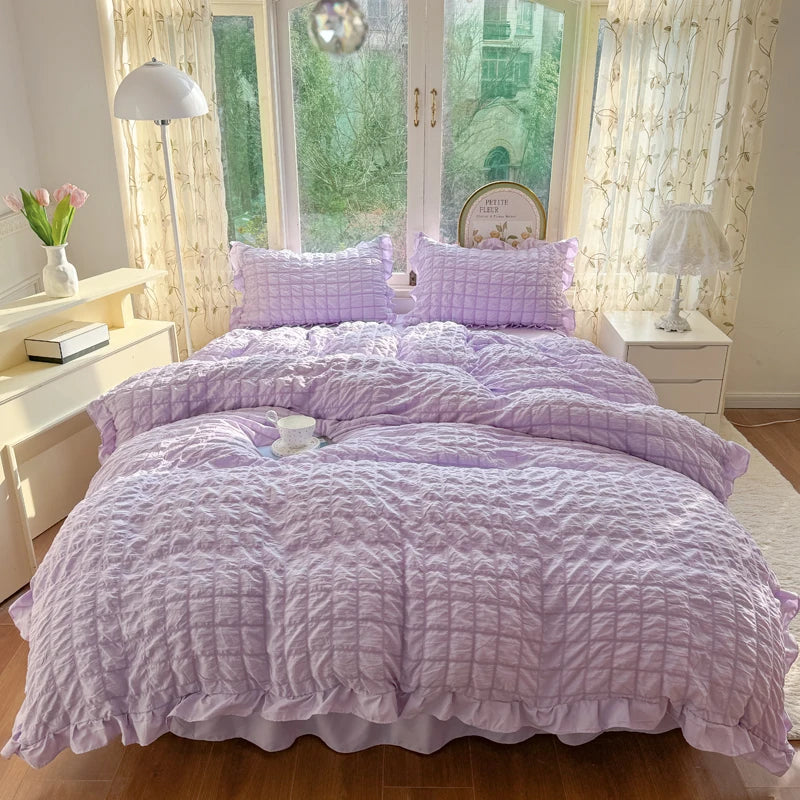 Elegant Lace Ruffle Seersucker Bedding Set - Soft Princess Style Duvet Cover