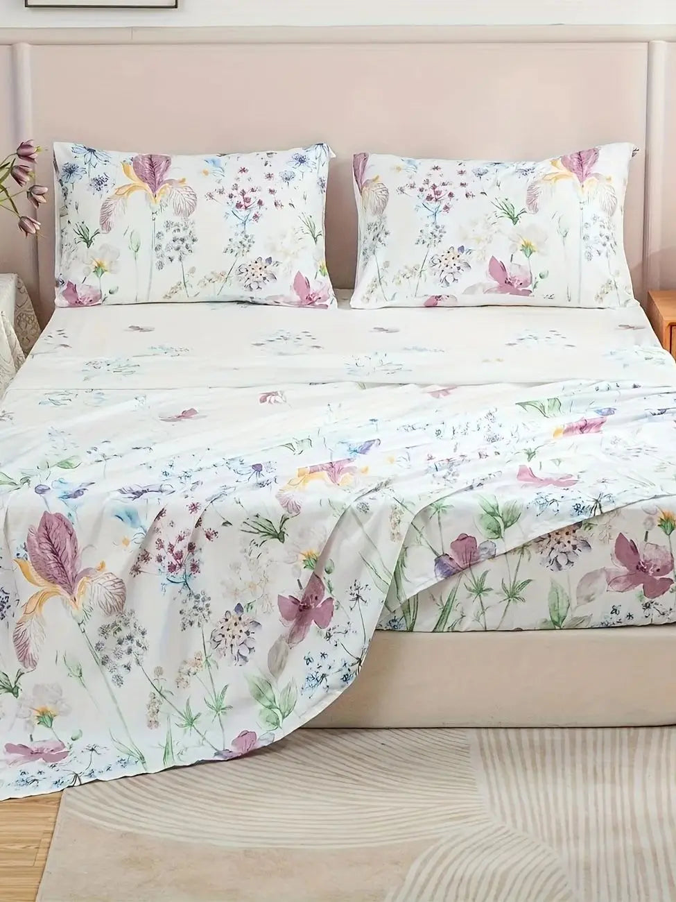 4-Piece Floral Print Bedding Set - Soft Microfiber Duvet Cover, Sheet & Pillowcases