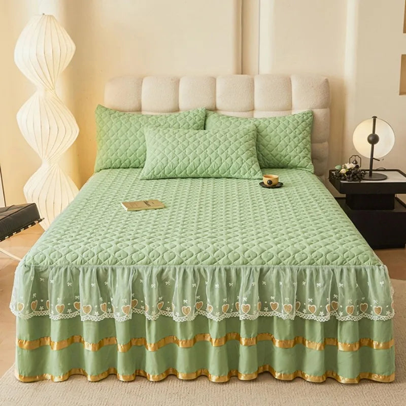 Cloud Cotton Embroidered Lace Bed Skirt - Quilted Padded Princess Bedspread