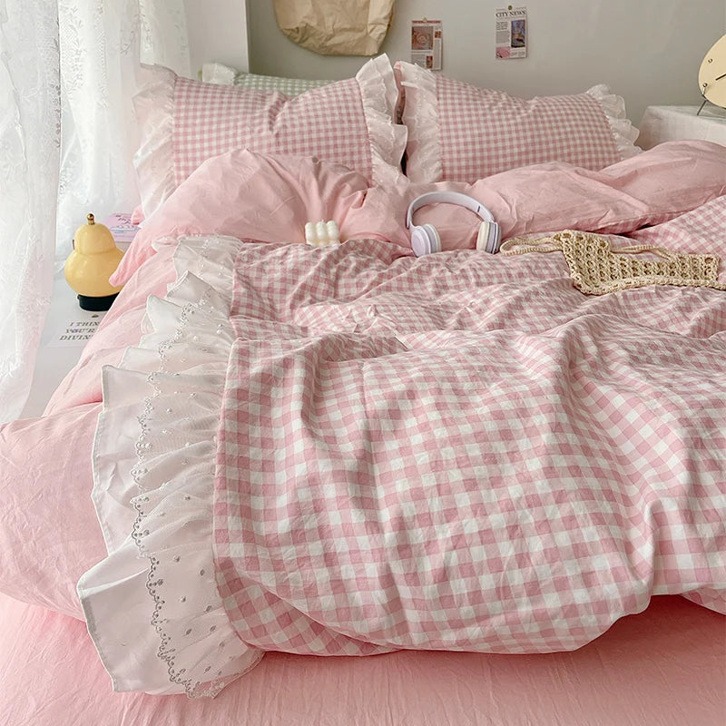 Pink Plaid Ruffle Bedding Set - Comfortable All-Season Duvet Cover