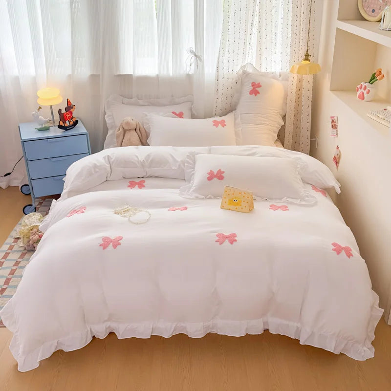 Pink Bowknot Embroidery Bedding Set - Premium Soft Twill Quilt Set