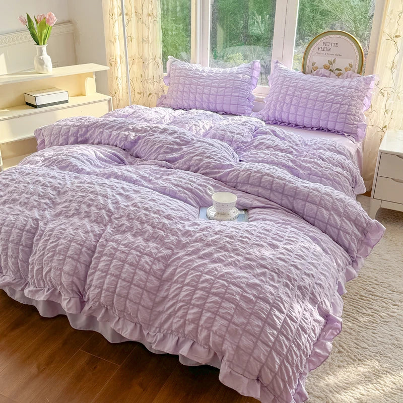 Elegant Lace Ruffle Seersucker Bedding Set - Soft Princess Style Duvet Cover