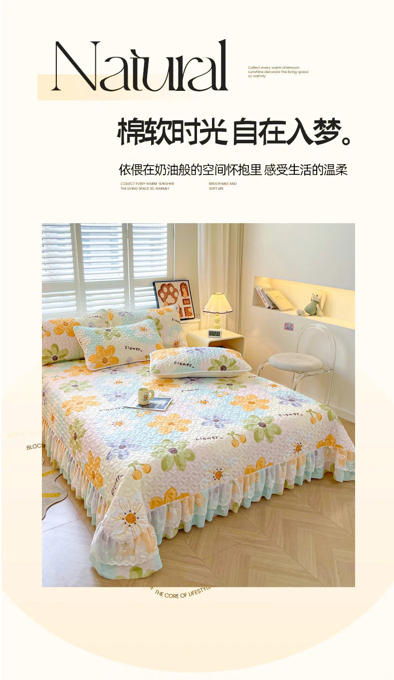 1pc Quilted Bedspread with Lace Ruffles Flower Printed Thickened Blanket Single/Queen/King Quilted Bed Cover Soft Bedspreads Bed