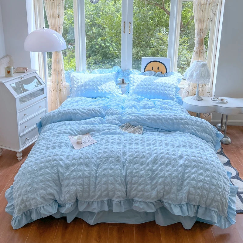 Elegant Lace Ruffle Seersucker Bedding Set - Soft Princess Style Duvet Cover